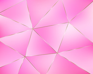 Abstract pink geometric background from triangles. Luxury template design with light gradient and golden line frame. Vector illustration.