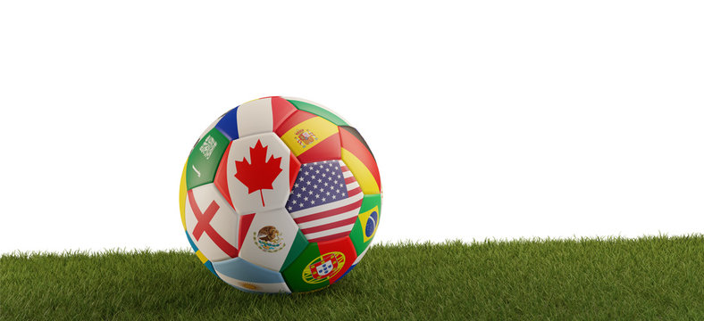 soccer ball with flags of Canada America Mexico. 3d-illustration