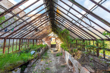 Fototapeta na wymiar Look to old ruined greenhouse. Broken ancient greenhouse with broken windows