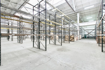 Interior of empty warehouse with empty racks