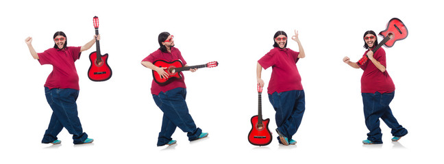 Fat man with guitar isolated on white