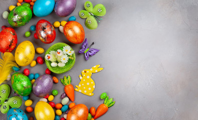 Colorful Easter eggs,chocolate Easter sweets and bunny