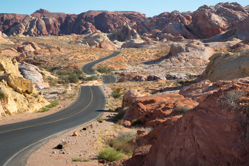 Die Landstrasse schlängelt sich wie ein Band durch das strahlende Valley of Fire