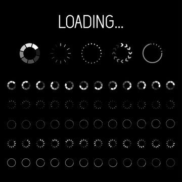 Set of contour progress bars with percentages. Loader and preload circle ui indicator. Load design and progress bar elements for web, apps and infographics