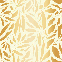 Variety of gold foil hand drawn leaves scattered on light background. Elegant seamless vector repeat pattern. Great for wedding, wellbeing, organic, beauty, spa products, giftwrap, stationery