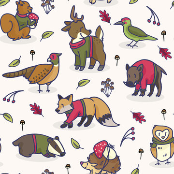 Cute woodland animal cartoon seamless vector pattern background. Pheasant and Woodpecker graphic tile. Hand drawn deer, fox and badger illustration for forest fauna fashion Prints.
