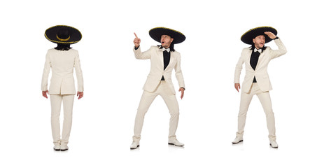 Funny mexican in suit and sombrero isolated on white