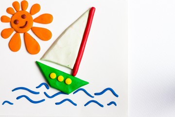 Green ship with a white sail sailing on strong waves. A bright and smiling sun shines above the sea and the ship.