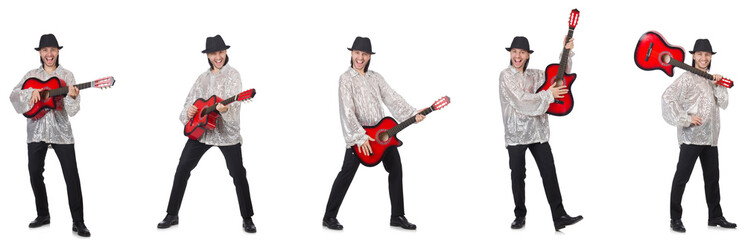 Young man with guitar isolated on white 