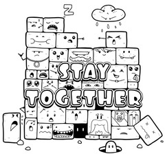 A wall that consists of crazy doodle characters as a concept of unity. Black and white vector illustration.