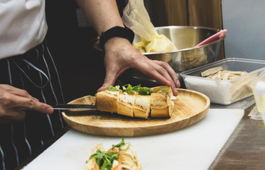 chef prepares sandwich in the kitchen, Delicious sandwich with veggies and meat