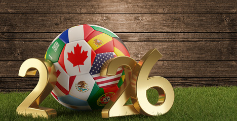soccer ball with golden 2026. 3d-illustration © wetzkaz