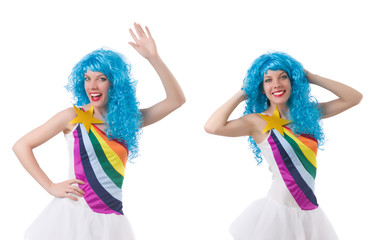 Woman with wig isolated on white 