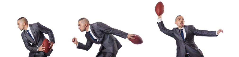 Man with american football ball isolated on white