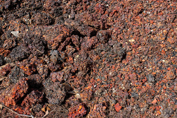 Texture, background. Coal slag. Burnt out, spent coal. Red, gray shades.