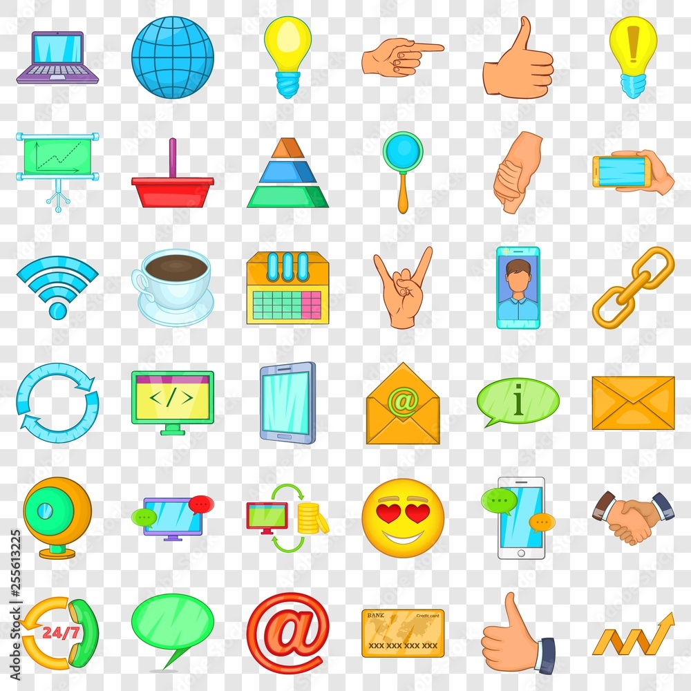 Aufkleber network icons set. cartoon style of 36 network vector icons for web for any design