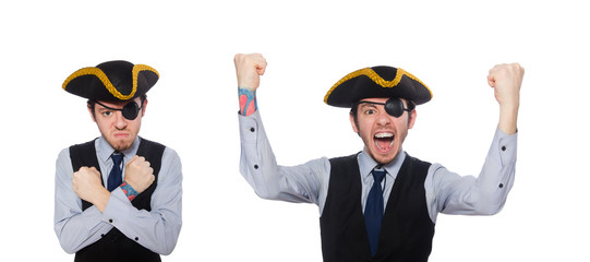 One-eyed man with tricorn isolated on white     