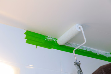 Rear view of painter man painting the ceiling in bathroom, with paint roller