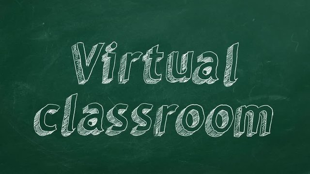 Hand drawing "Virtual classroom" on green chalkboard. Stop motion animation.