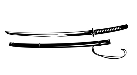 samurai katana blade and scabbard - traditional japanese sword black and white vector design