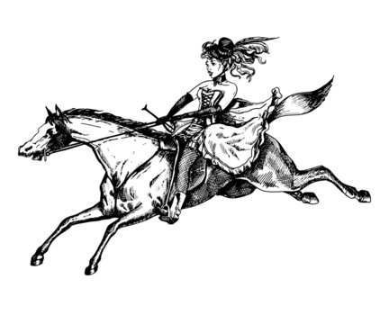Burlesque horse rider vintage vector hand drawn illustration.