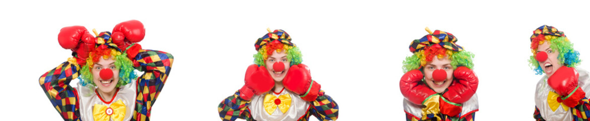 Clown with boxing gloves isolated on white