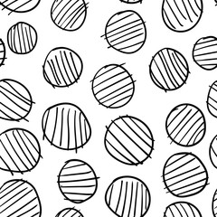 Geometrical background with striped uneven circles. Abstract round seamless pattern. Hand drawn dots pattern on white background. Vector illustration.    