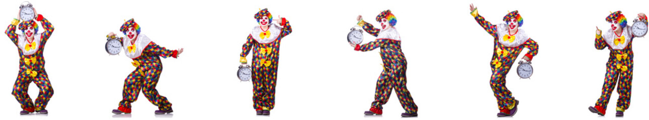 Fototapeta na wymiar Funny male clown with alarm-clock 