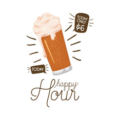 happy hour label with beer isolated icon