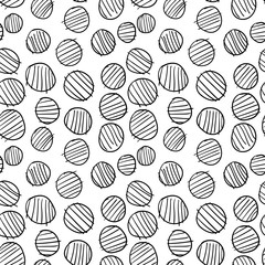 Naklejka na ściany i meble Geometrical background with striped uneven circles. Abstract round seamless pattern. Hand drawn dots pattern on white background. Vector illustration. 