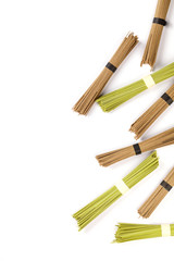 Assortment of asian soba, green tea noodles isolated on white background.Copy space for Text.Minimalist concept.Top View. Flat Lay.
