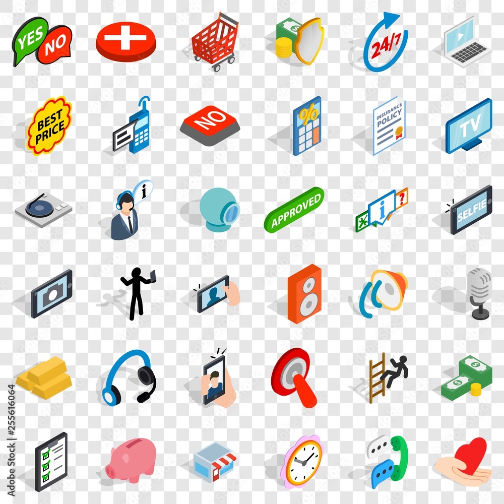 Poster communication icons set. isometric style of 36 communication vector icons for web for any design