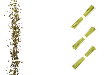 Green Tea Soba Noodles isolated on white background.Copy space for Text.Minimalist concept.Top View. Flat Lay.