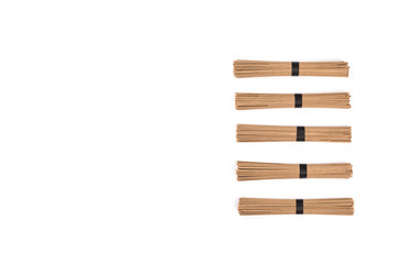 Noodles soba isolated on white background.Traditional Japanese food. Copy space for Text.Minimalist concept.Top View. Flat Lay.