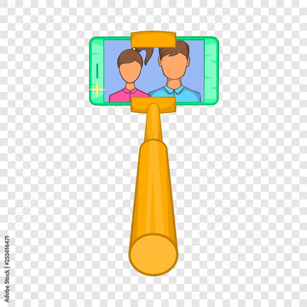 Poster smartphone photographs on selfie stick icon in cartoon style isolated on background for any web desi