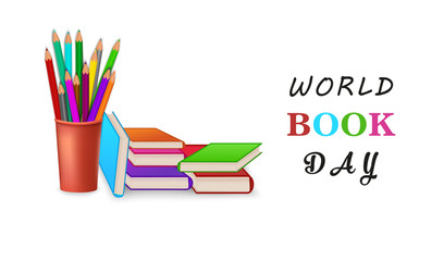 Fototapeta premium World book day poster or banner with stack of pencils. Education concept vector illustration. Pile of books.