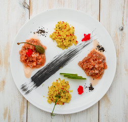 ceviche. Three colorful shrimps ceviche with mango, avocado and tomatoes. Latin American Mexican Peruvian Ecuadorian food.