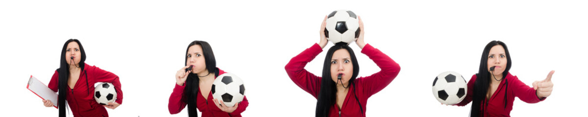 Woman with football isolated on white
