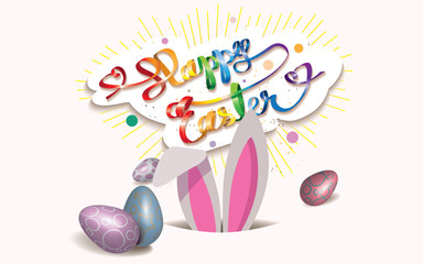 Happy Easter vintage card with Easter bunny in the hole,ribbon in rainbow colors,eggs and confetti isolated on a light background