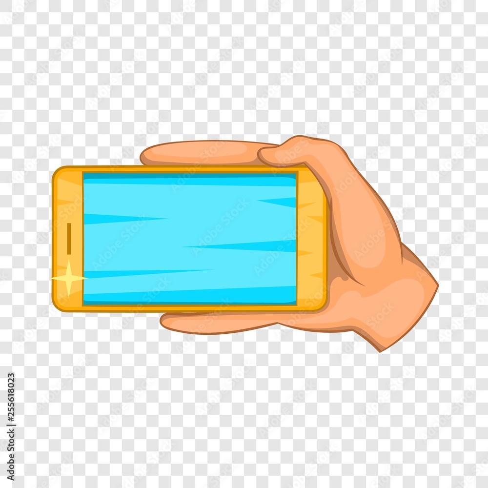 Aufkleber hand with mobile phone icon in cartoon style isolated on background for any web design