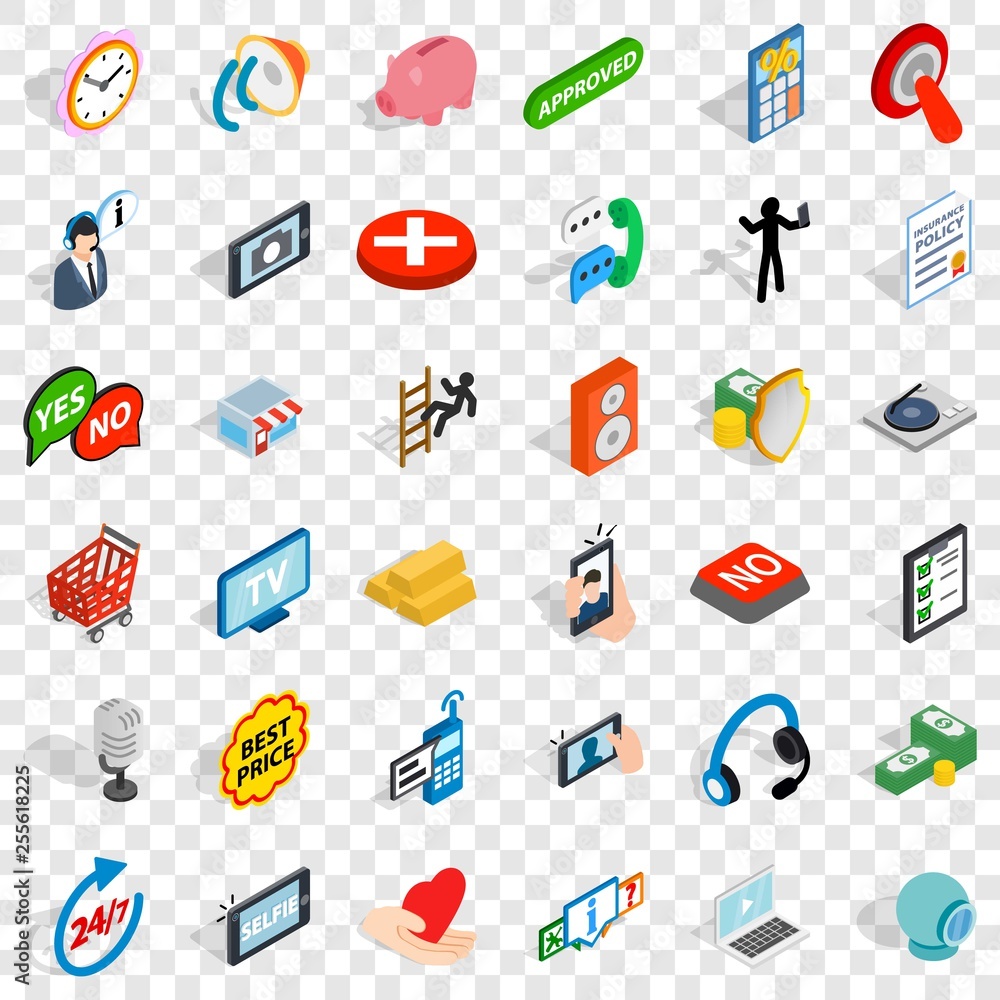 Poster community icons set. isometric style of 36 community ector icons for web for any design