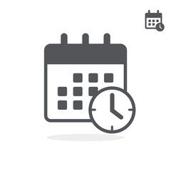 Flat small and large icon of calendar with clock. Vector illustration.