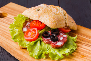 Panini with fresh tomatoes and mozzarella and prosciutto ham, Italian cuisine Slicing board