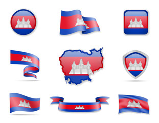 Cambodia flags collection. Vector illustration set flags and outline of the country.