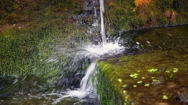 fuente con ca&ntilde;o de agua que cae sobre unas rocas cubiertas de verdin