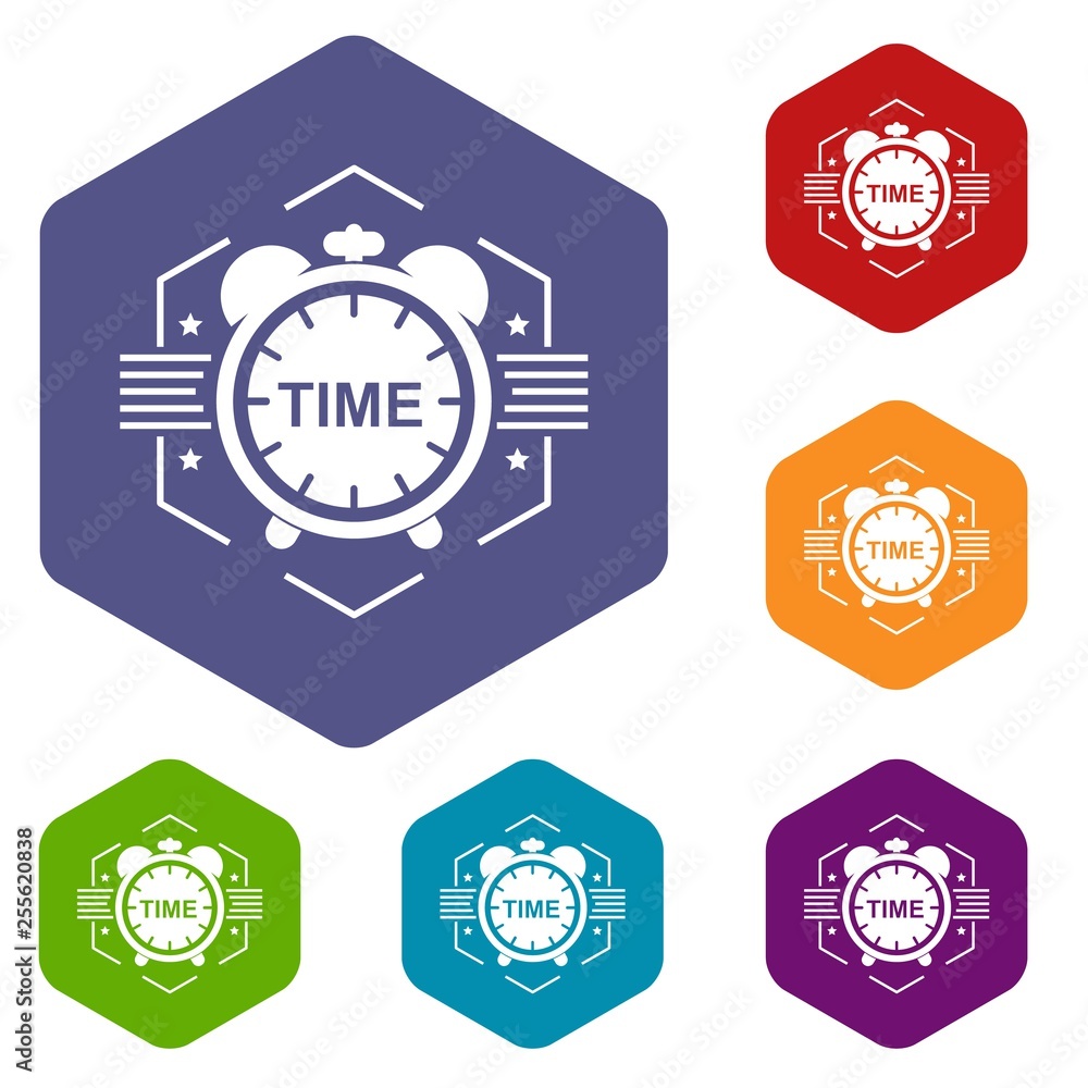 Poster alarm clock icons vector colorful hexahedron set collection isolated on white