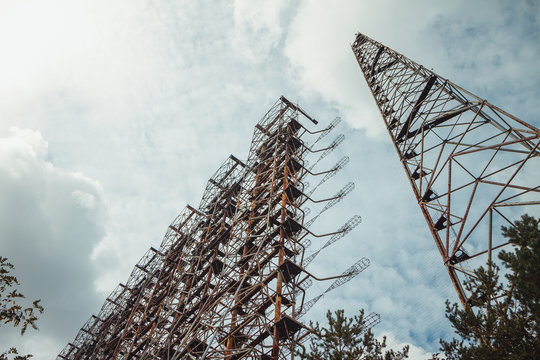Duga - Soviet over-the-horizon OTH radar system. Duga-3 Russian Woodpecker - antenna complex, military object of USSR ABM. Chernobyl Exclusion Zone, Pripyat, Ukraine