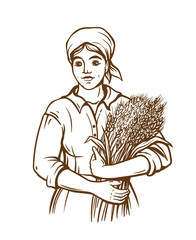 A woman in a dress holds a sheaf of fresh wheat. Hand draw. Farm theme. Sketch illustration