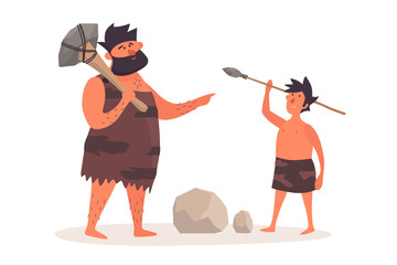 A primitive man with a homemade ax teaches a boy to throw a spear. Prehistoric people dressed in pelts on a white isolated background. The life of Neanderthals and cavemen. Vector flat illustration.