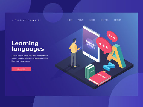 Concept on-line learning and teaching of foreign languages. Student stands in front of gadget near textbooks at English, French and letters of Latin alphabet. 3d isometric design. Landing Page.